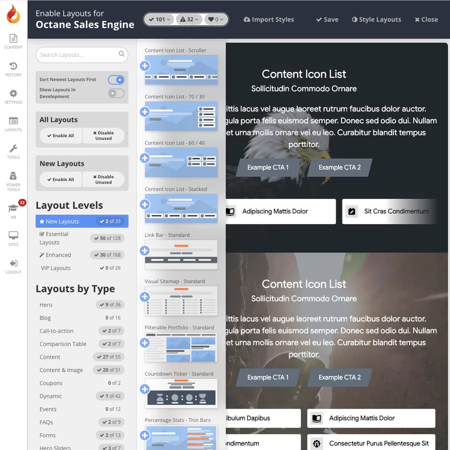 User interface of Octane Sales Engine showing layout options and content icon list for web design customization.