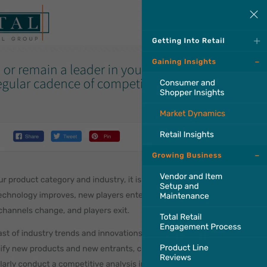 Website navigation menu showing categories like Getting Into Retail, Gaining Insights, Growing Business, and social media icons.