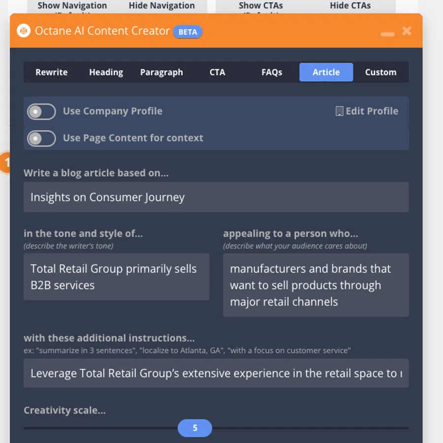 User interface of Octane AI Content Creator tool showing article writing settings and generate content button.