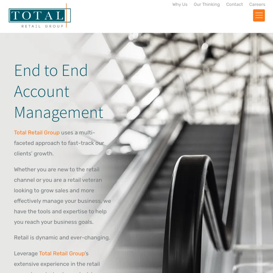 Escalator handrail and retail business text promoting end to end account management and growth strategies.