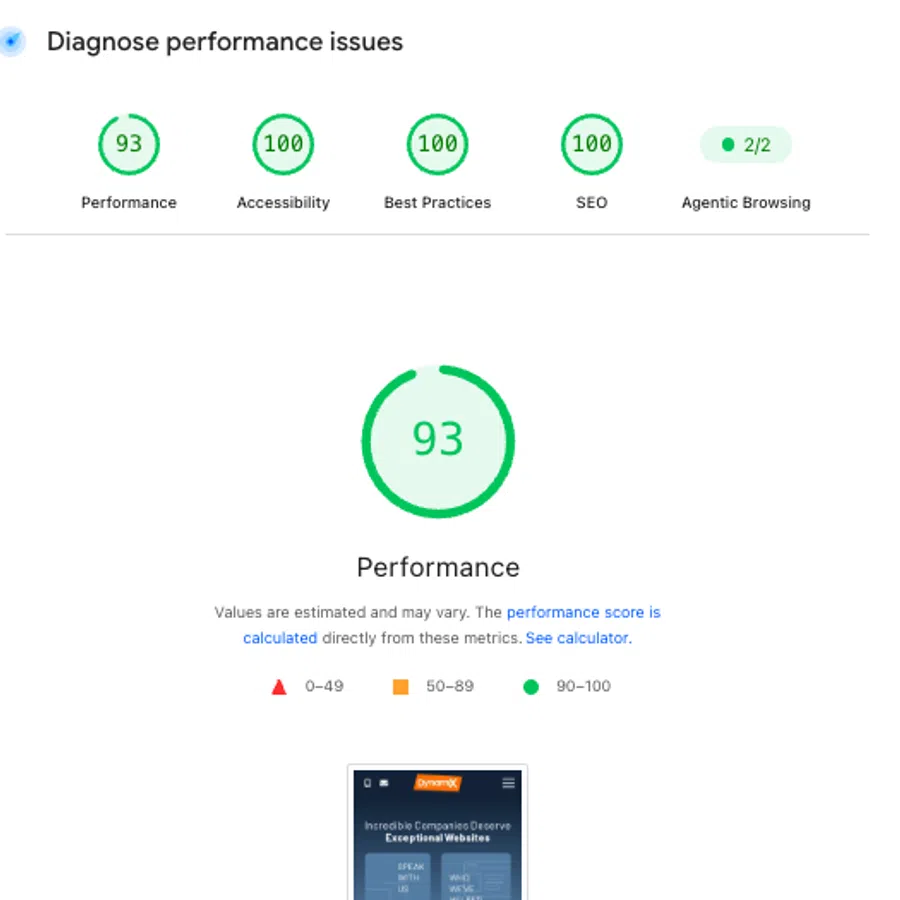 Website performance report shows 93 score, full accessibility, best practices, SEO, and agentic browsing metrics.