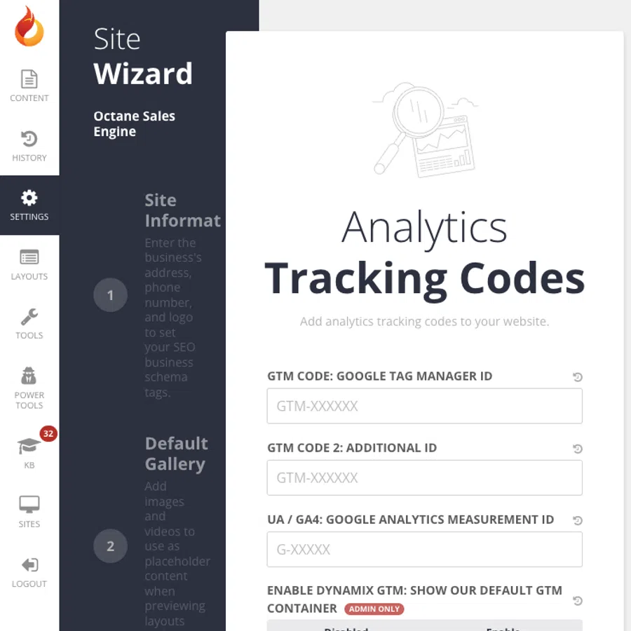 Interface for adding analytics tracking codes including Google Tag Manager and Google Analytics IDs