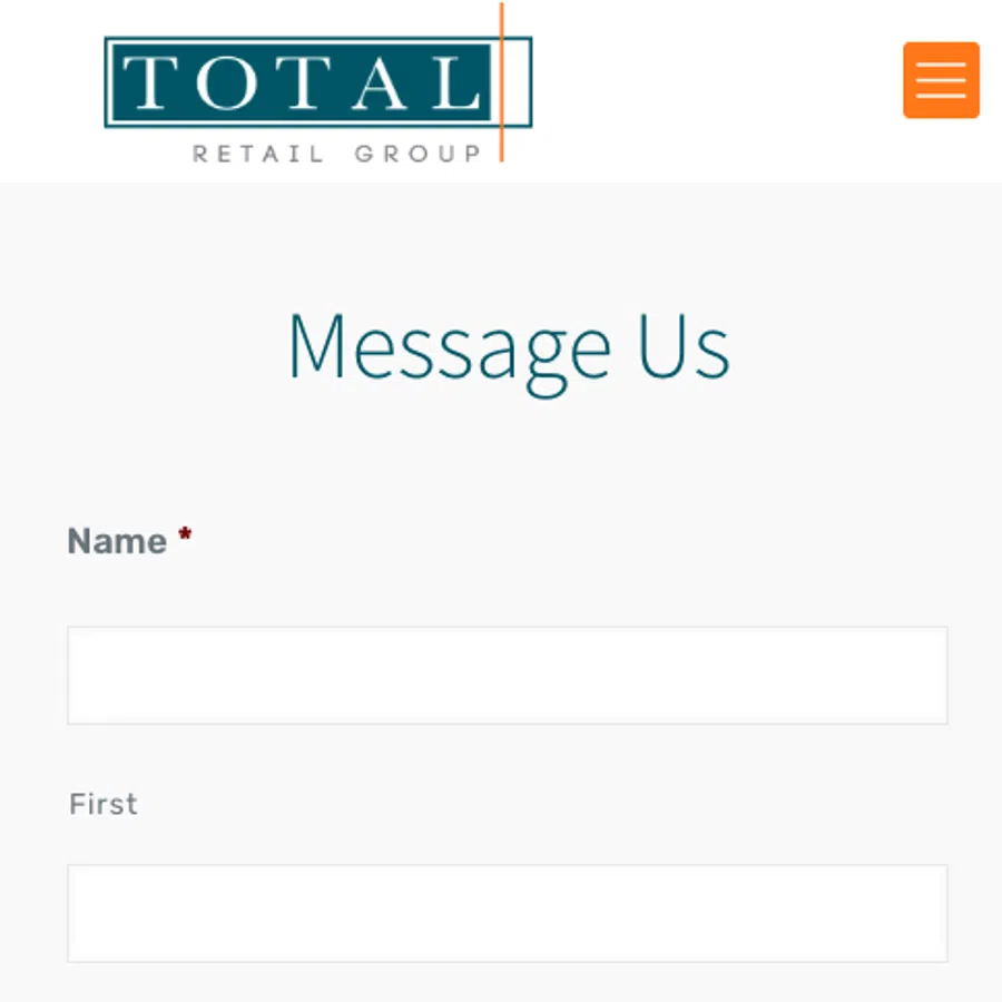 Contact form on Total Retail Group website with fields for name, email, phone, subject, and message.