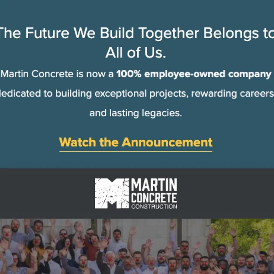 Announcement of Martin Concrete becoming 100% employee-owned, featuring team with red clown noses and company logo.