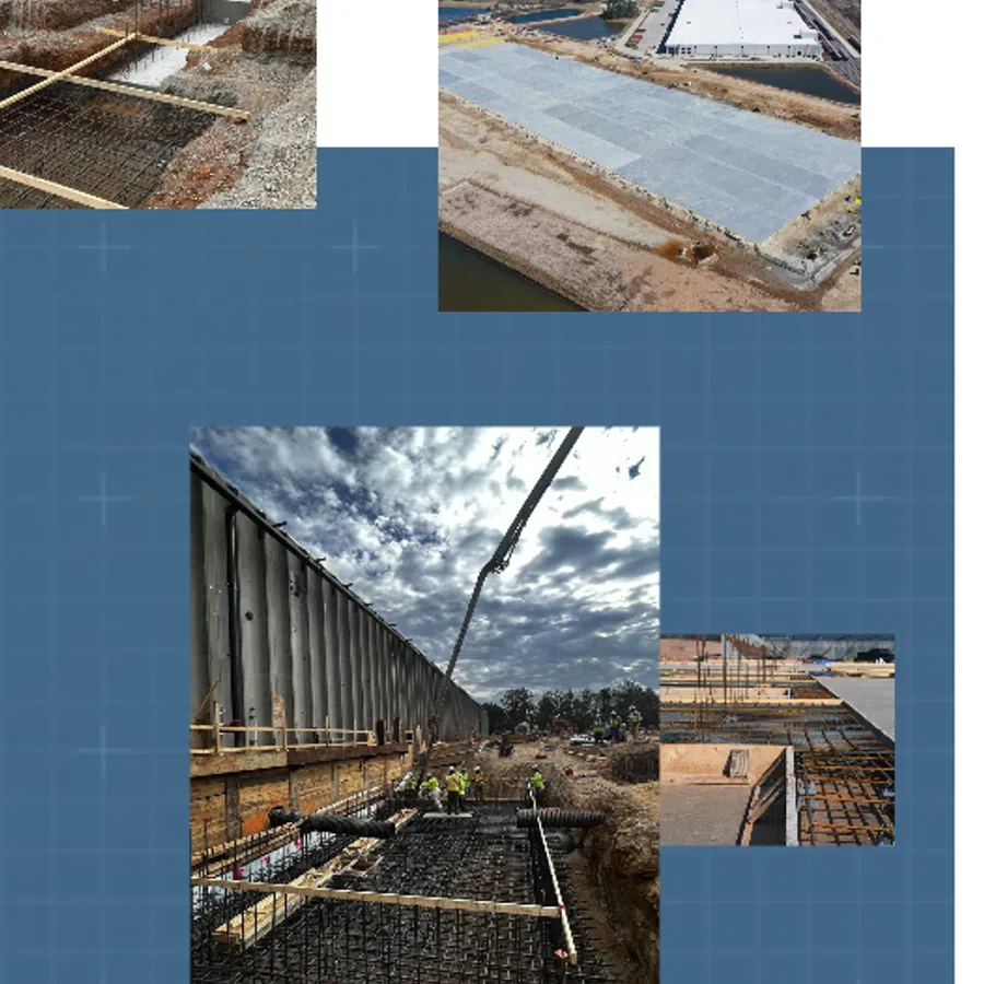 Construction site with workers setting up steel reinforcement and pouring concrete foundations