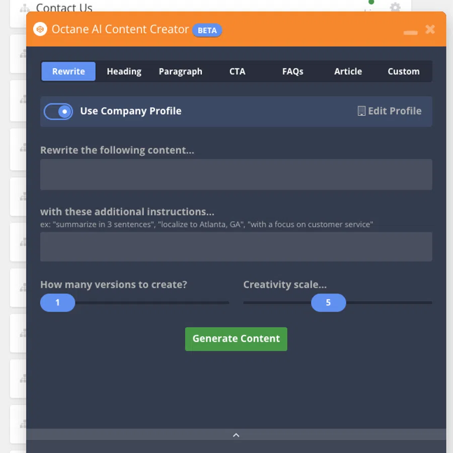 Octane AI Content Creator interface displaying options for rewriting content with creativity scale and version settings.