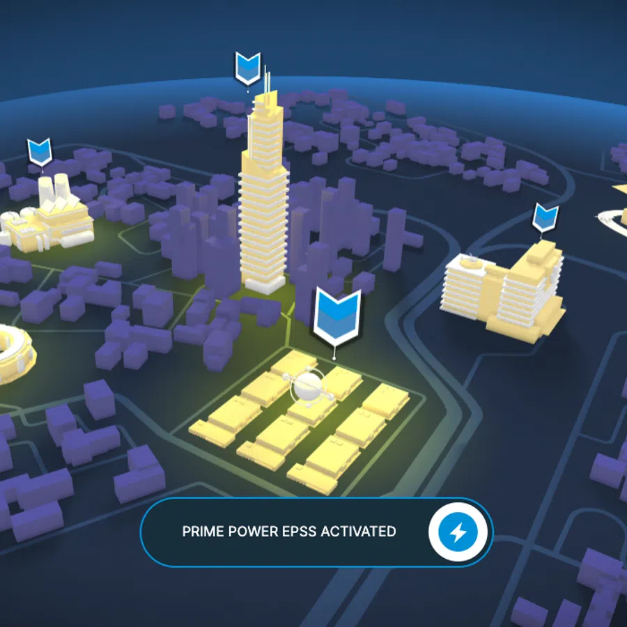 3D city map with highlighted buildings and power icons showing Prime Power EPSS activation in the area