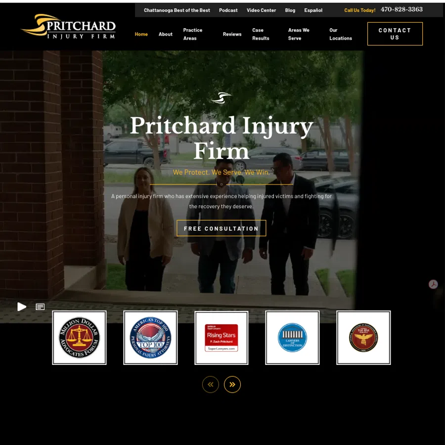 Website homepage of Pritchard Injury Firm showing three professionals walking outdoors and firm details.