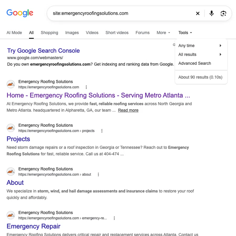 Google search results page showing Emergency Roofing Solutions website listings and services in Metro Atlanta.