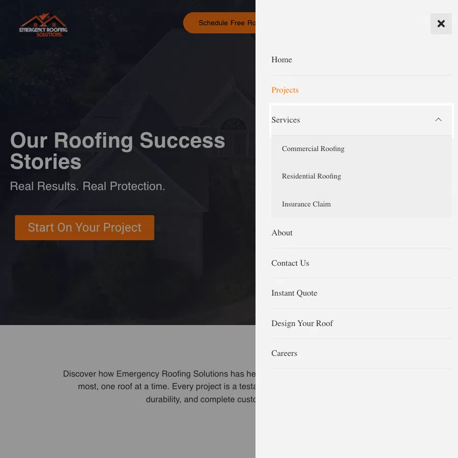 Roofing website menu showing services like commercial, residential roofing, and insurance claims options.