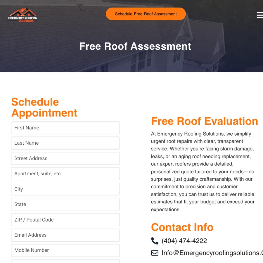Online form for scheduling a free roof assessment with Emergency Roofing Solutions, featuring contact info and service options.