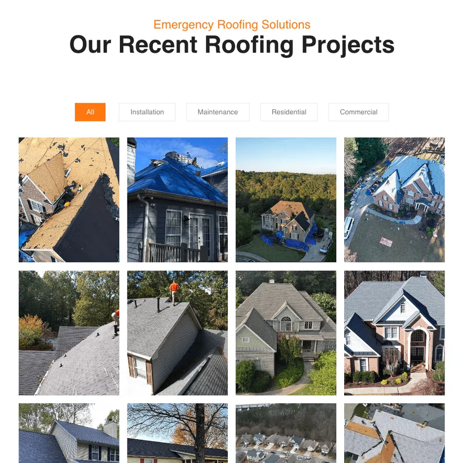 Grid of recent residential and commercial roofing projects including installations, maintenance, and repairs.