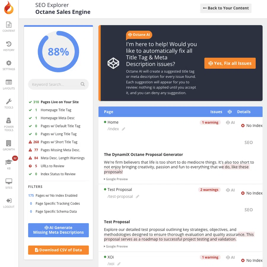 Dashboard showing SEO Octane Sales Engine with site health stats, AI suggestions, and page issue warnings.