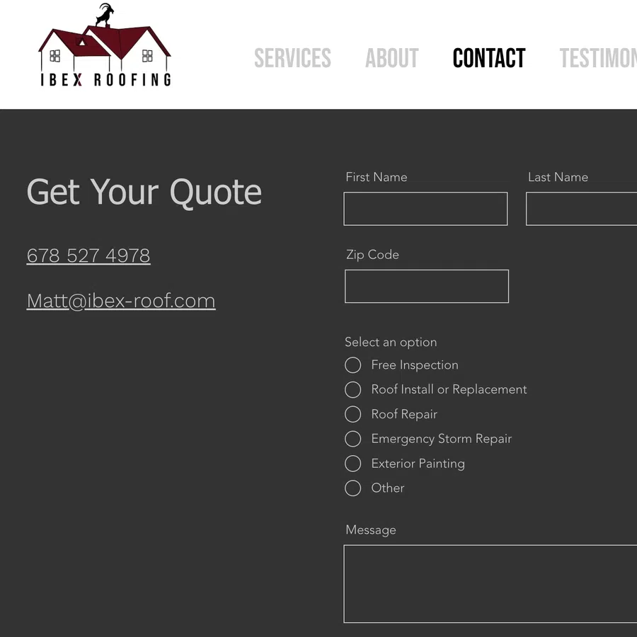 Website contact form for Ibex Roofing showing quote options and contact details.