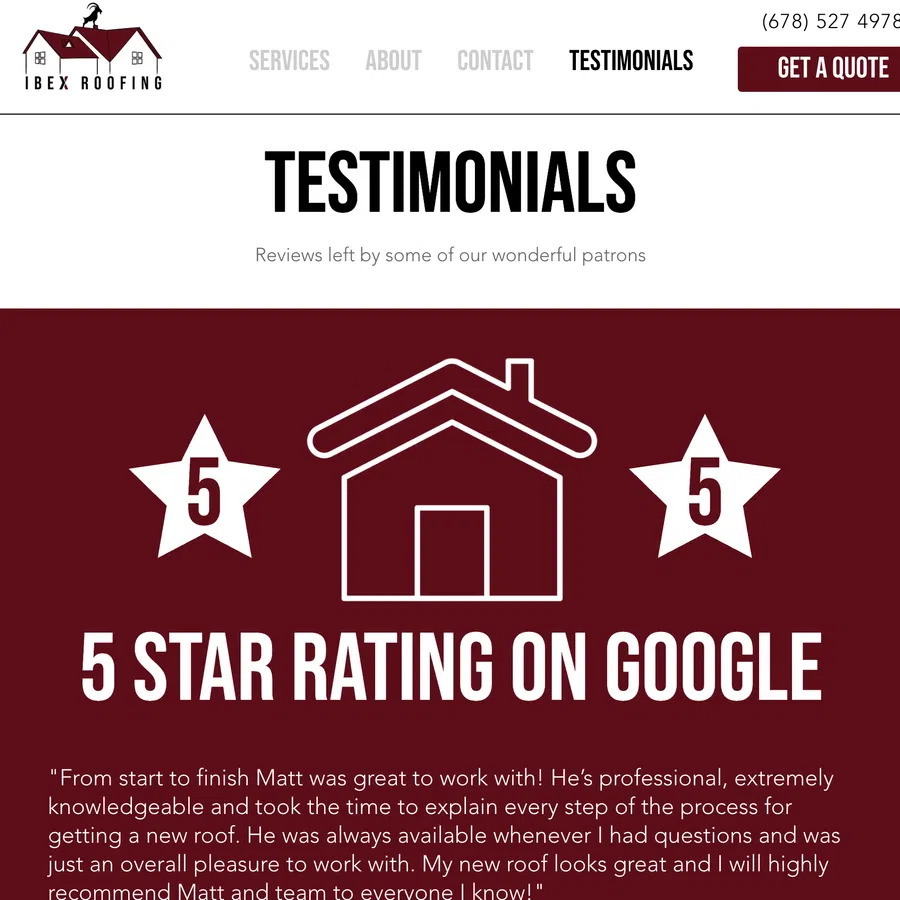 Ibex Roofing testimonials page showing 5-star Google rating and customer review excerpts.