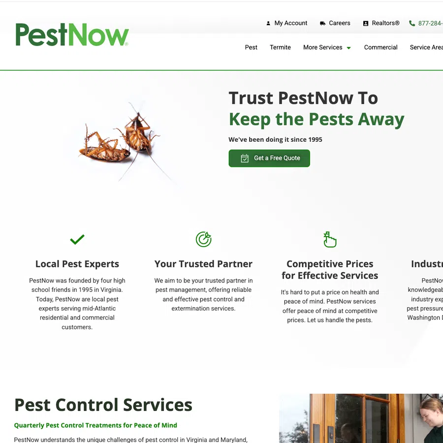 PestNow website homepage showing pest control services, dead cockroaches, and company features in green and white design.