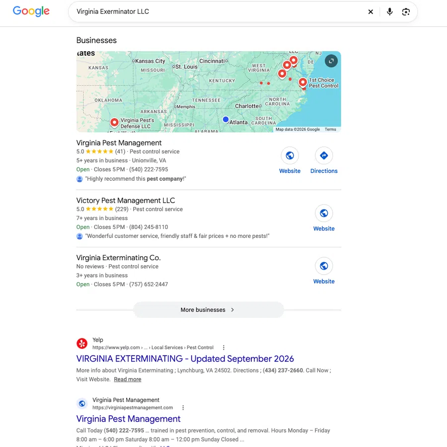 Google search results for Virginia Exterminator LLC showing top pest control businesses and map locations in Virginia.