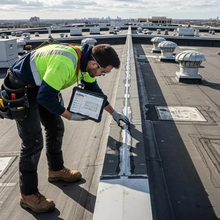 Worker inspecting a flat commercial roof with ventilation units, wearing safety gear and holding a tablet device.