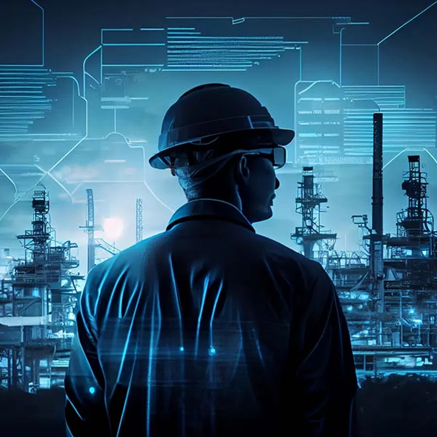 Engineer wearing helmet and glasses monitoring a futuristic industrial plant with digital overlays highlighting machinery.