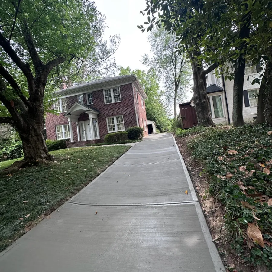 a sidewalk with trees and houses