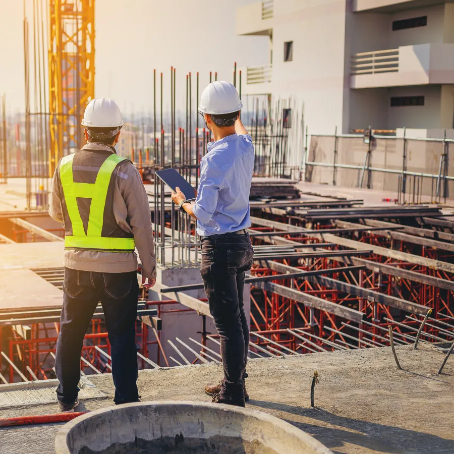 Construction workers inspecting a building site during sunset with cranes and scaffolding.