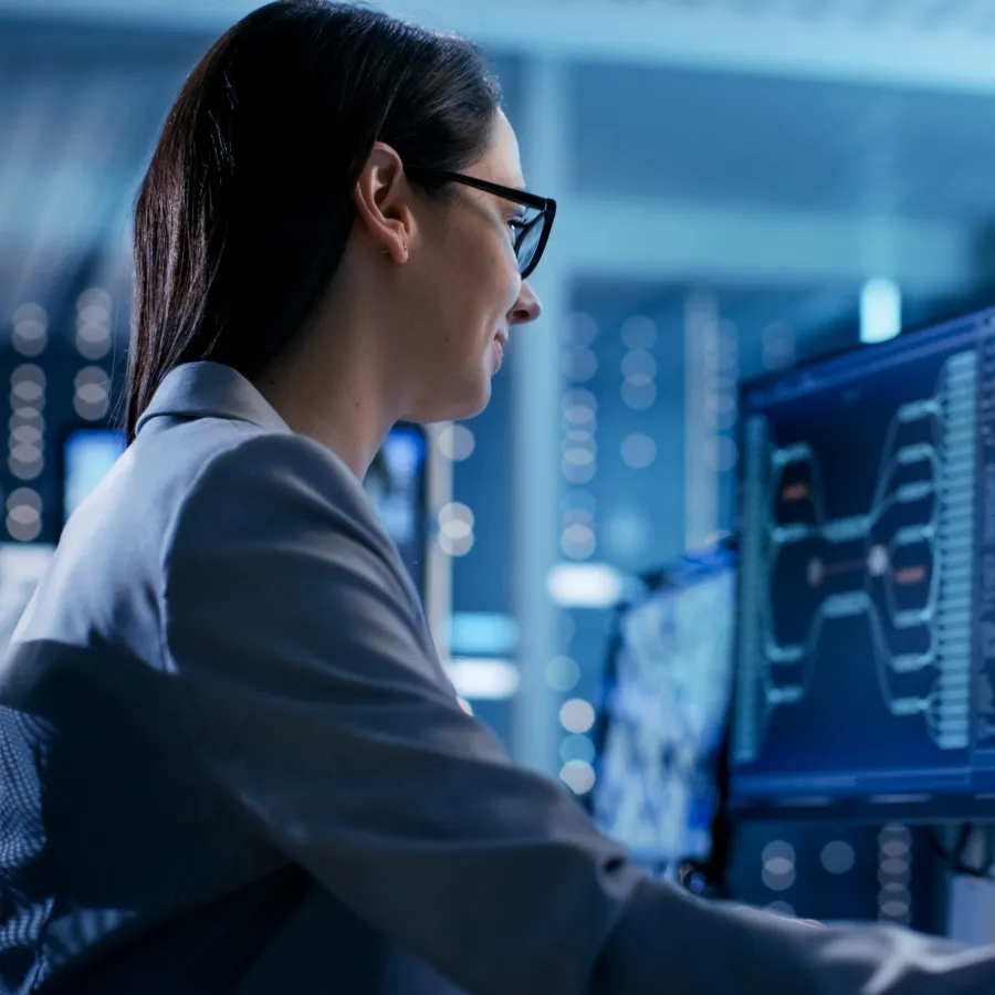 Professional woman working on dual monitors with coding data in a modern tech environment.