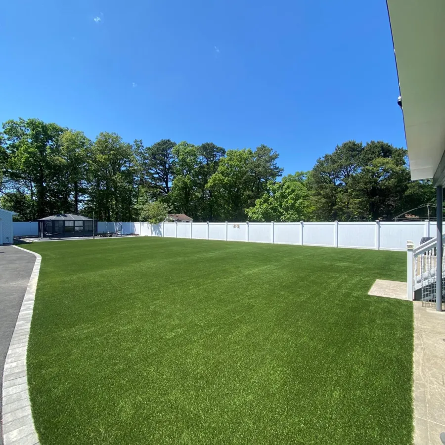 a grassy area with trees in the background
