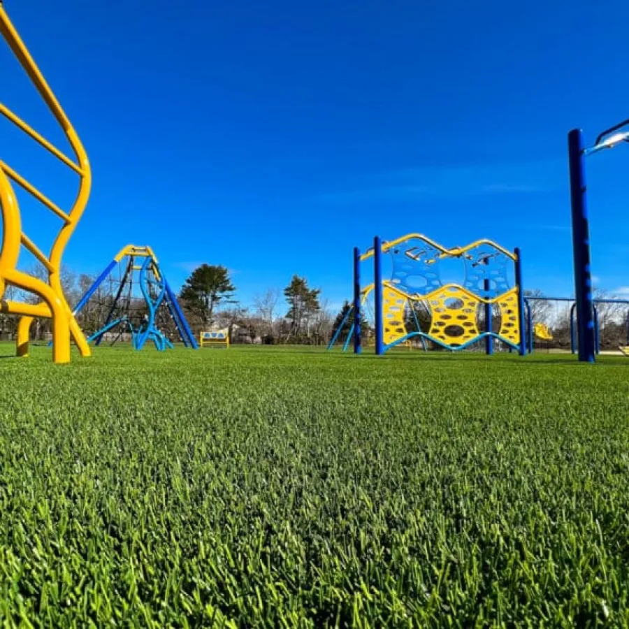 a grassy field with a playground in the background