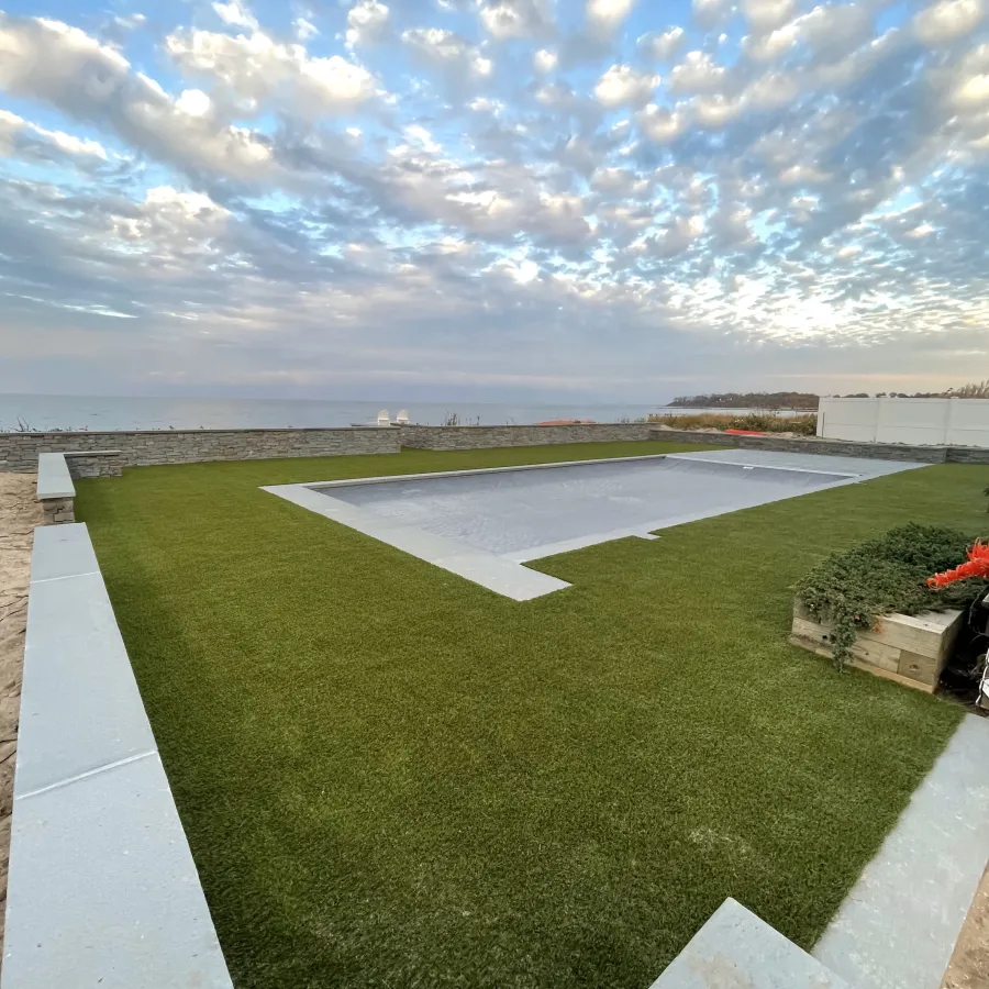 a golf course with a pool