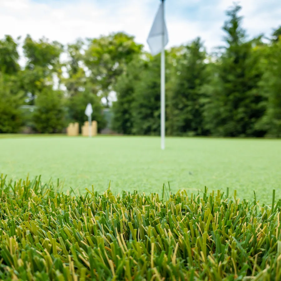 a golf course with a flag