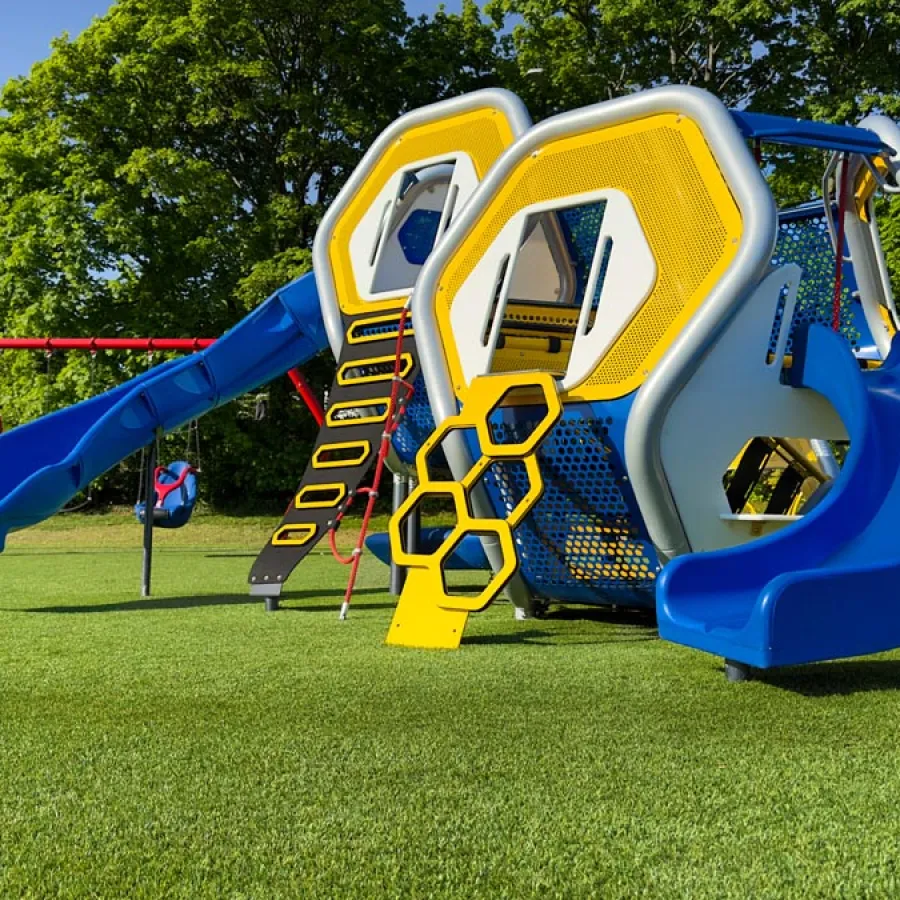 a yellow and blue playground set