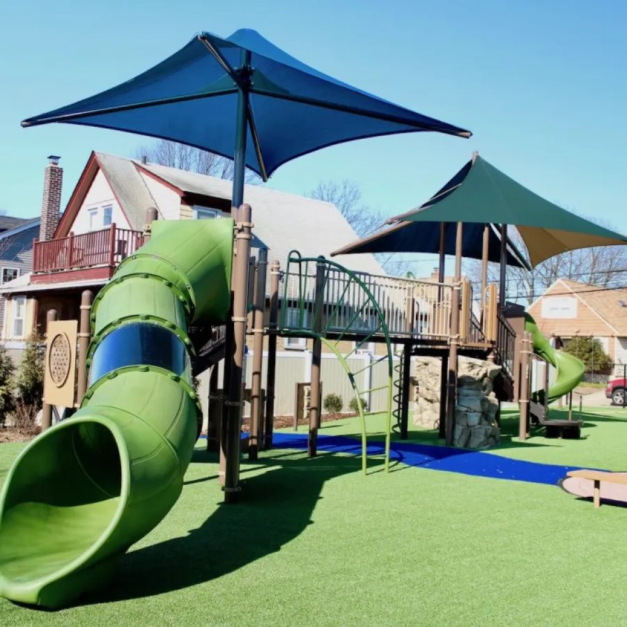 a playground with umbrellas
