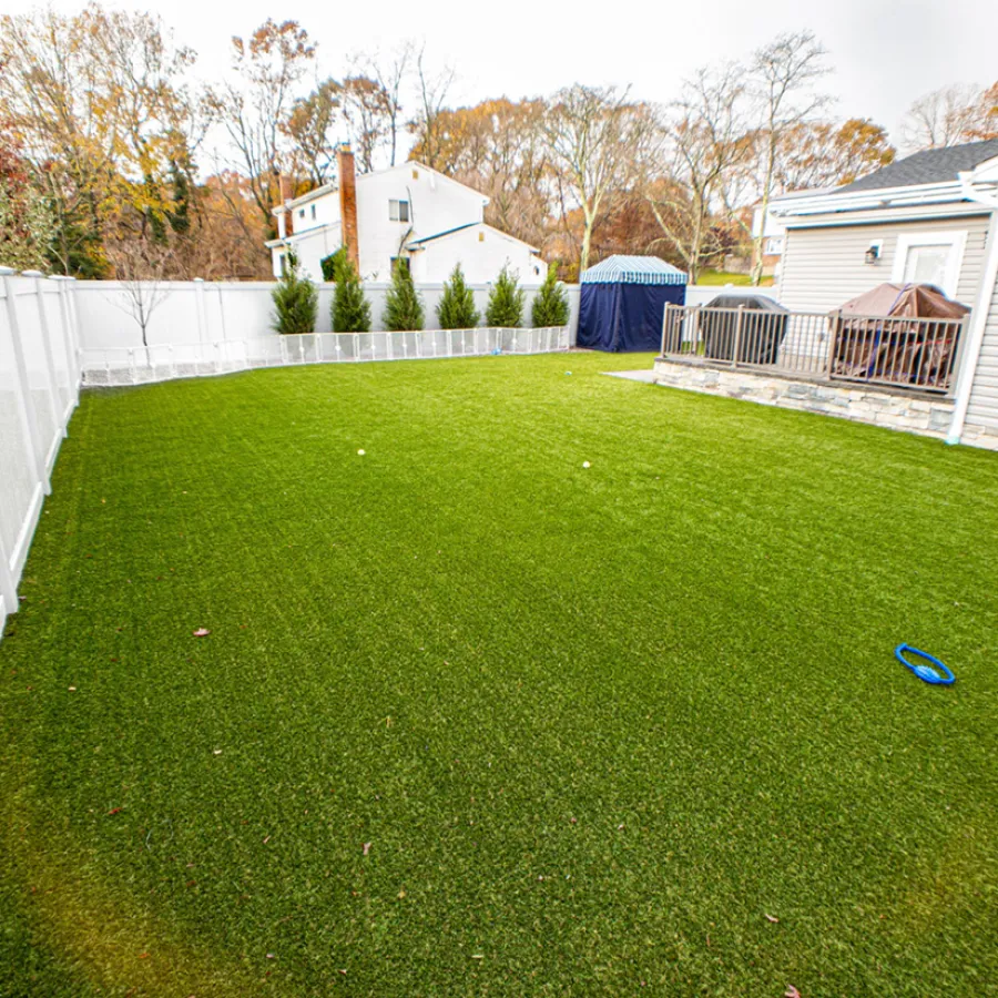 a backyard with a fence and a yard with a blue frisbee