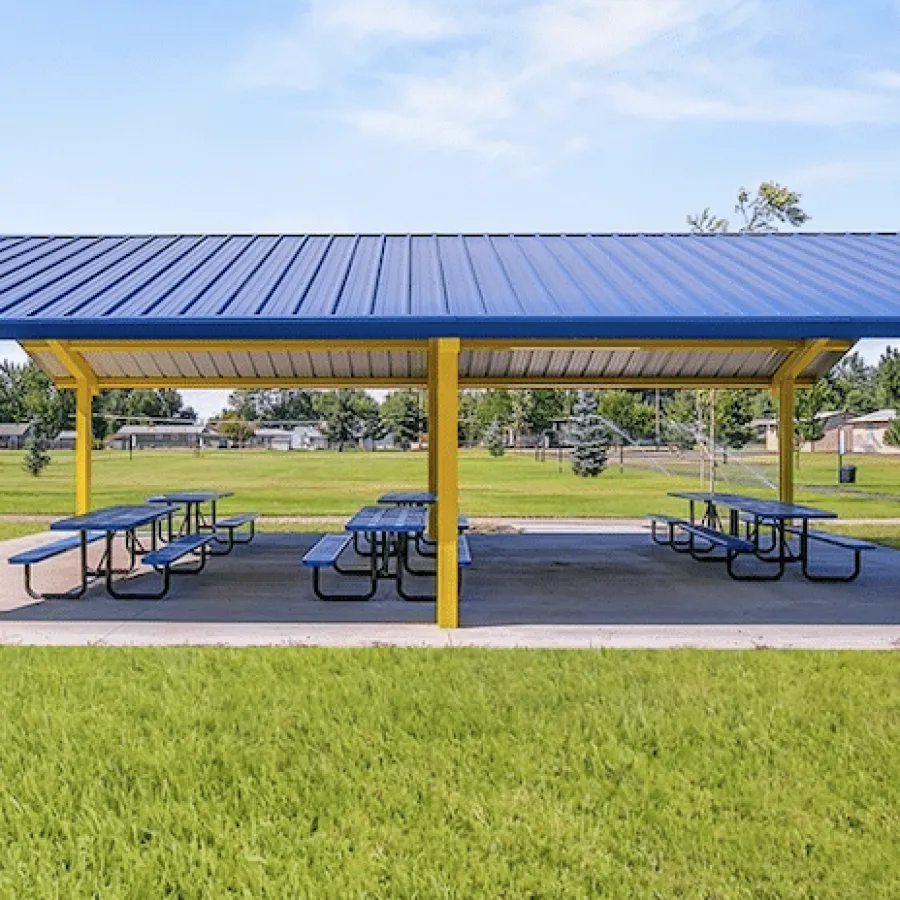 a covered area with benches