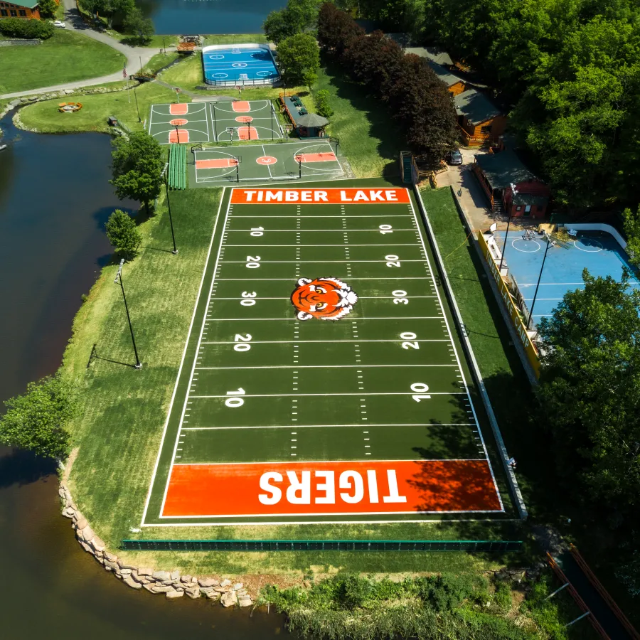 a high angle view of a football field