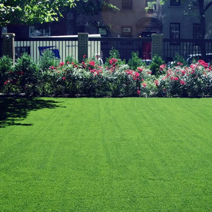 a large lawn with flowers and a fence in the background