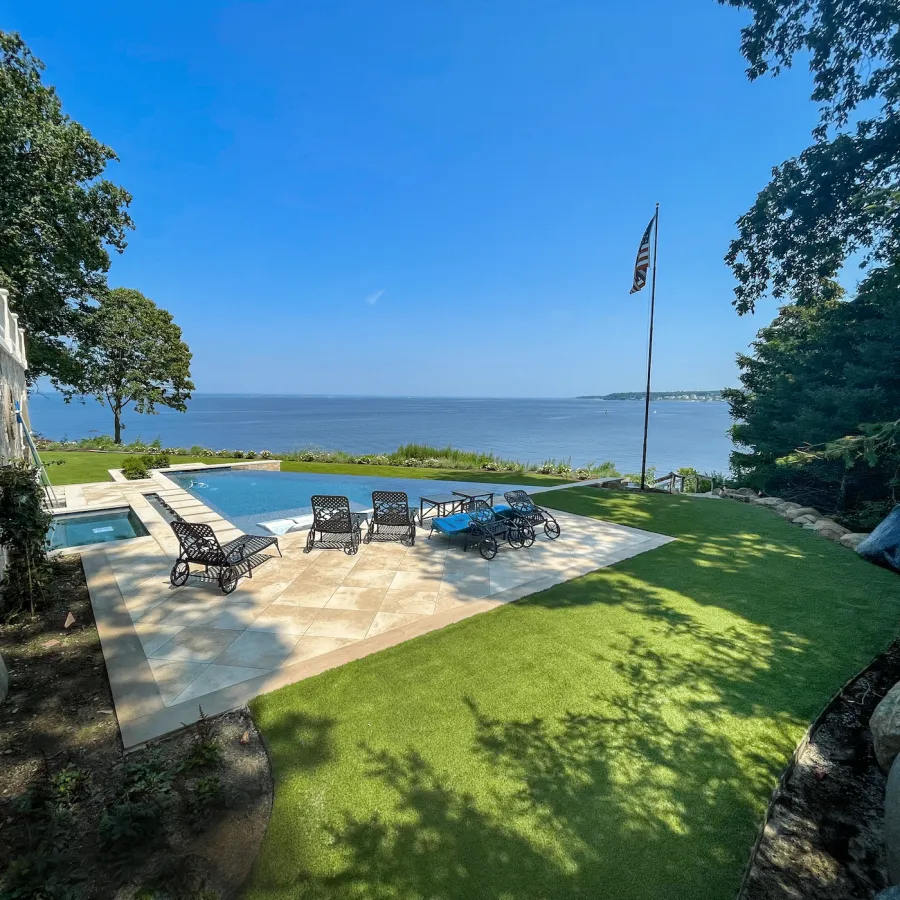 a golf course with a pool
