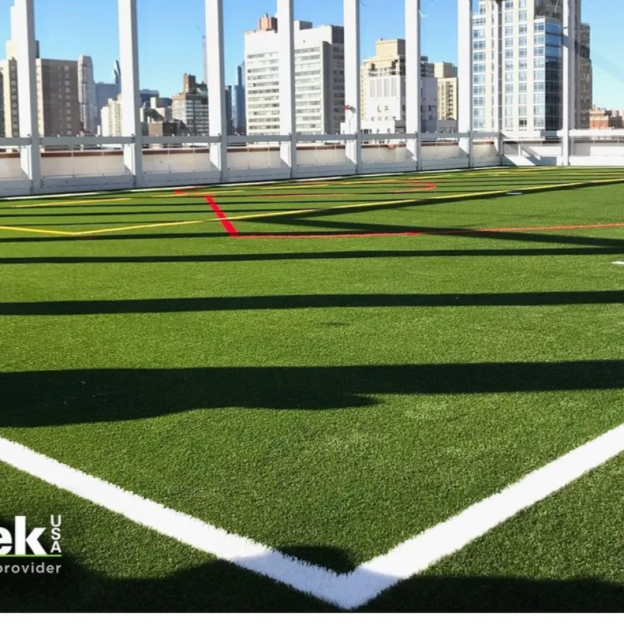 a football field with a goal