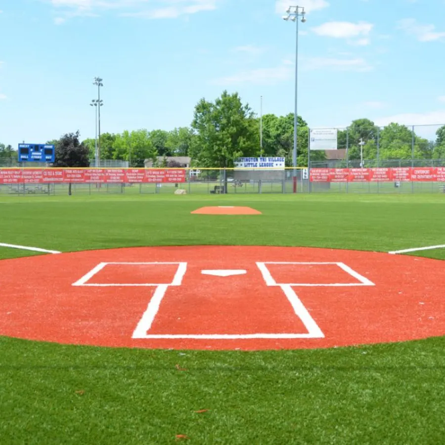 a football field with a red track