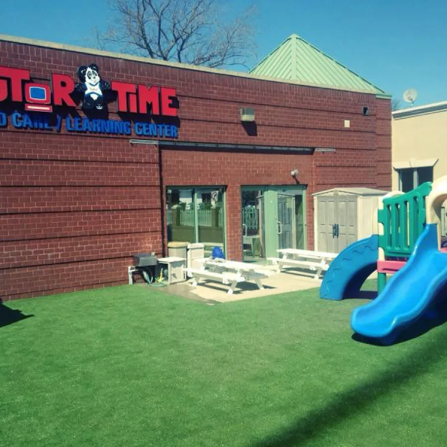 a building with a slide in front