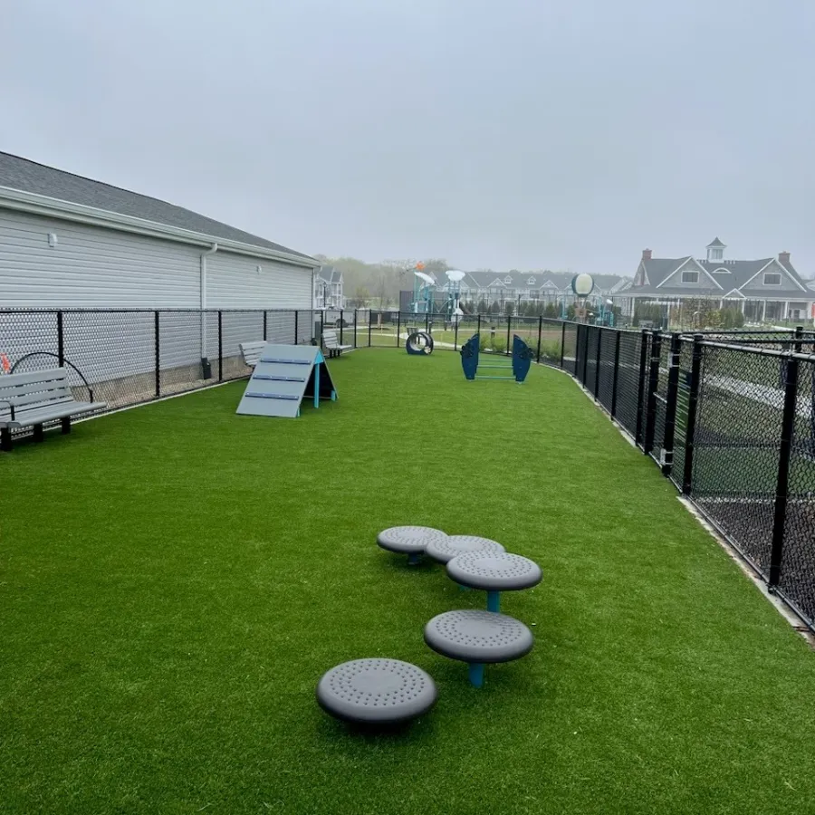 a group of benches in a grassy area