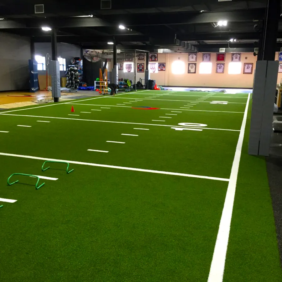 Indoor sports training facility with artificial turf, agility hurdles, cones, and fitness equipment.