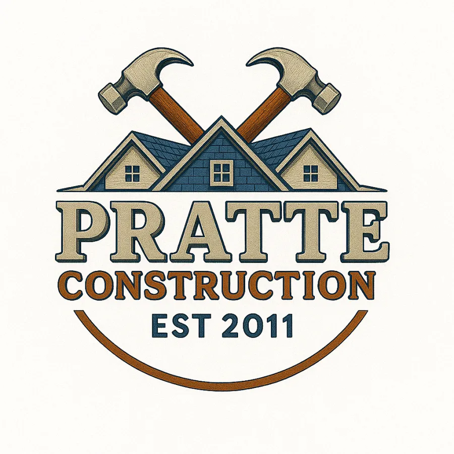 Pratte Construction logo with house roof and two crossed hammers established in 2011