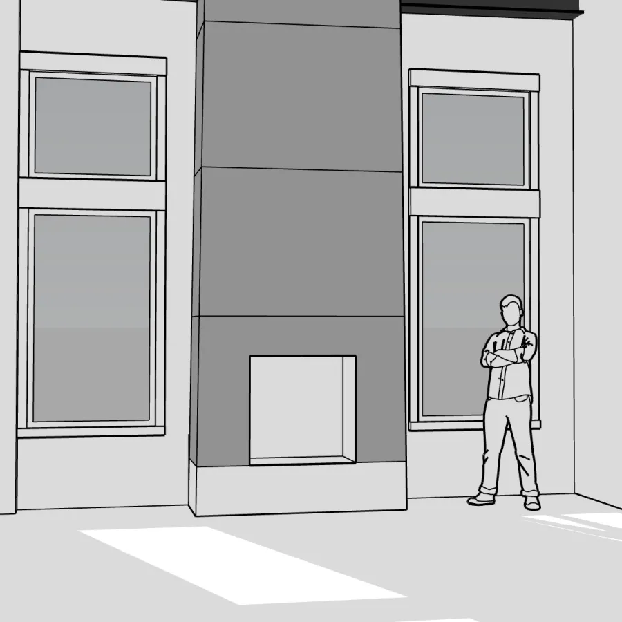 Person standing in a room with tall windows and a modern rectangular fireplace under exposed ceiling beams.