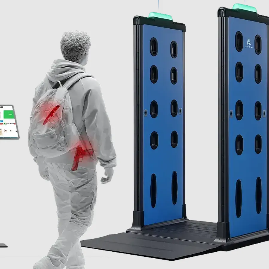 Person with concealed gun and knife detected by advanced security scanner with touchscreen interface