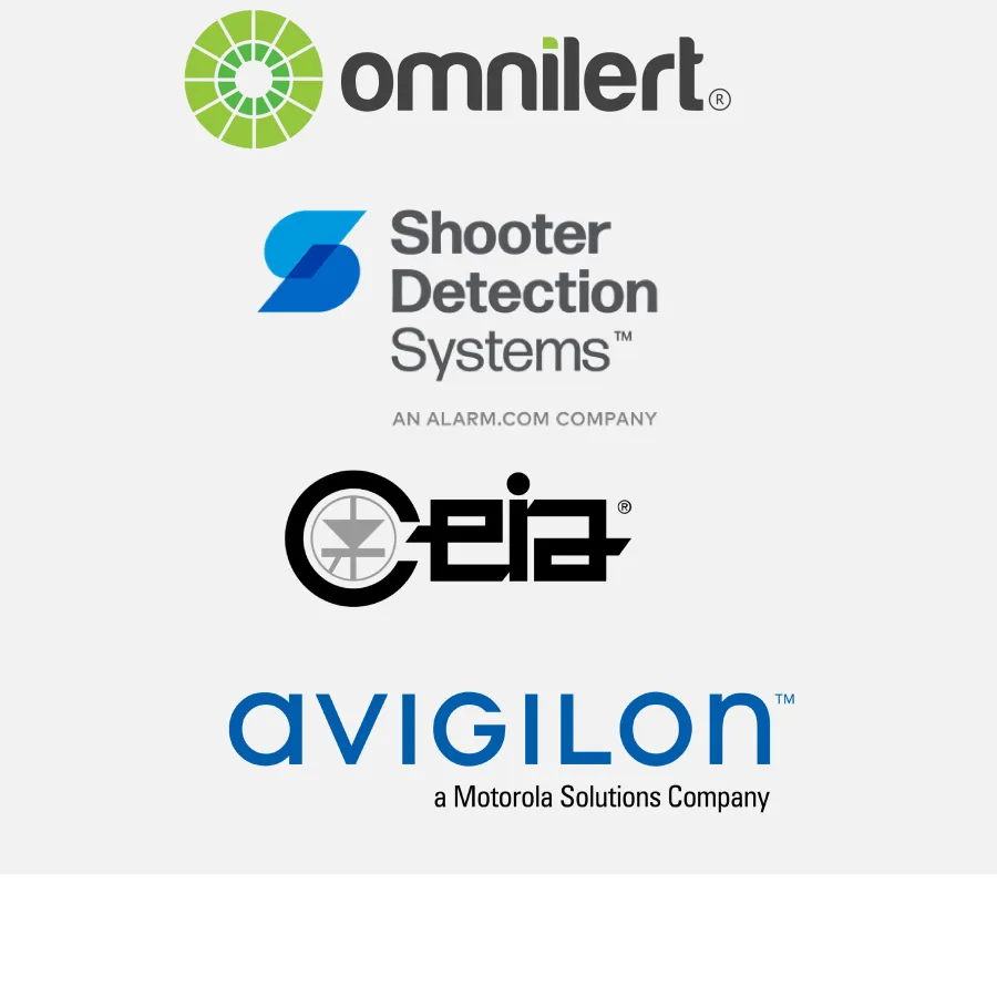 Logos for weapons detection systems, avigilon, CEIA, Shooter Detection Systems, and Omnilert