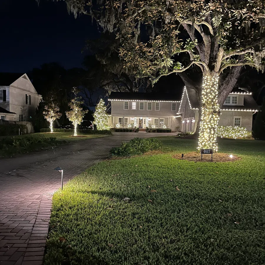 Night view of a large house and yard decorated with white string lights on trees and roofline.