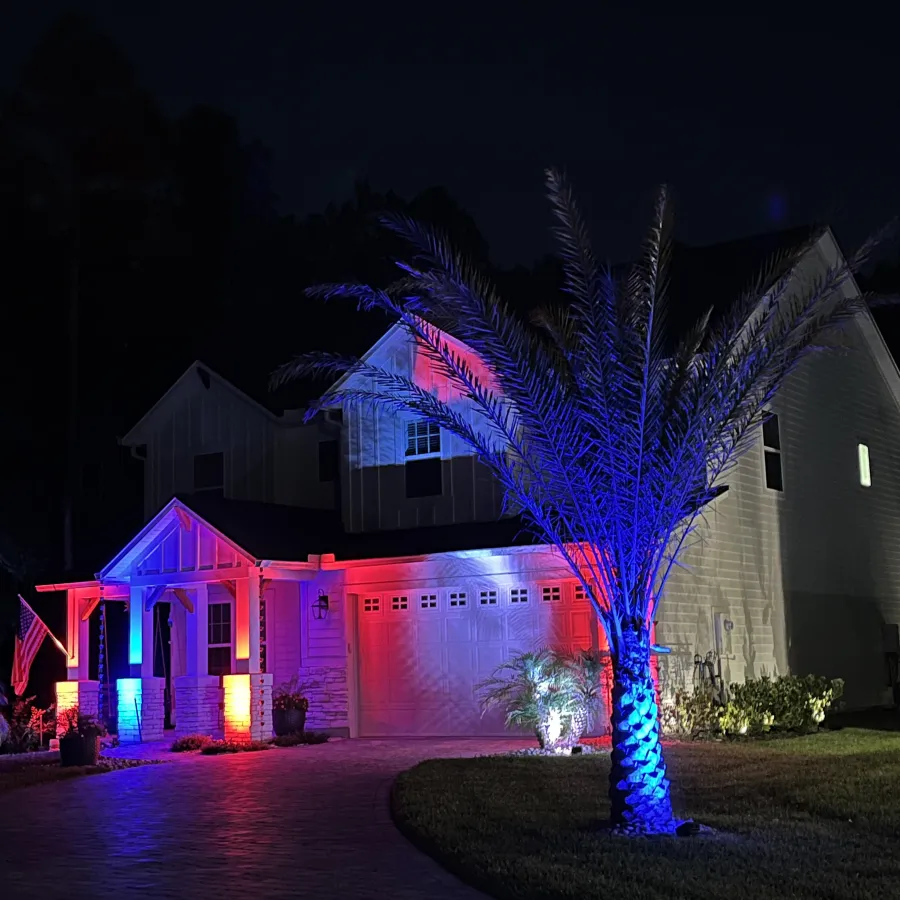 a house with a tree in front of it at night