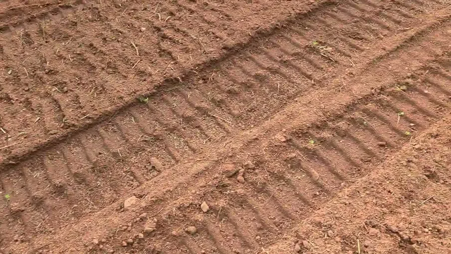 Freshly plowed soil with parallel tractor tire tracks and scattered small rocks on farmland surface.
