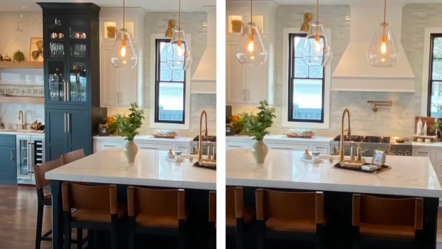 a kitchen with a bar and chairs